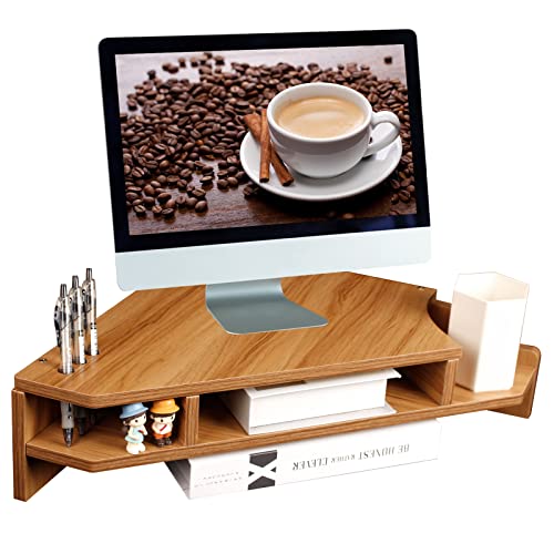Triangle Monitor Stand Riser, Wooden Triangle Desktop Computer Stand with Office Organization, Walnut Color
