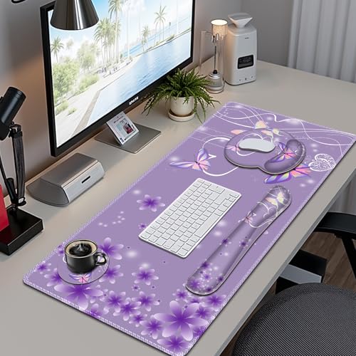 Purple Butterflies Florals Mouse Pad, XXL Large Desk Mat Extended Reading Desk pad, 4PCS Non-Slip Rubber Base Computer Big Mousepads for Work, Game, Office, Home Decor Girls Woemn Gifts Accessories - color: Purple Butterflies Florals