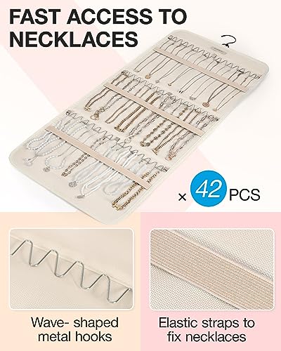 BAGSMART Hanging Jewelry Organizer Storage Roll with Hanger Metal Hooks Double-Sided Jewelry Holder for Earrings, Necklaces, Rings on Closet, Wall, Door, 1 piece, Large, Beige - color: Beige, size: Large