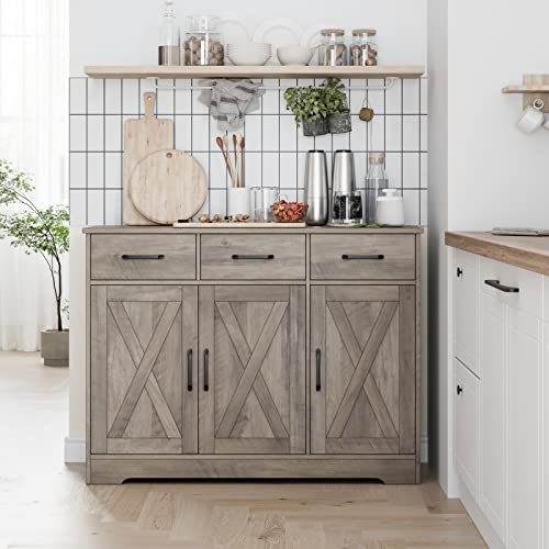 HOSTACK Modern Farmhouse Buffet Sideboard Cabinet, Barn Doors Storage Cabinet with Drawers and Shelves, Wood Coffee Bar with Storage for Dining Room, Kitchen, Living Room, Ash Grey - color: Ash Grey