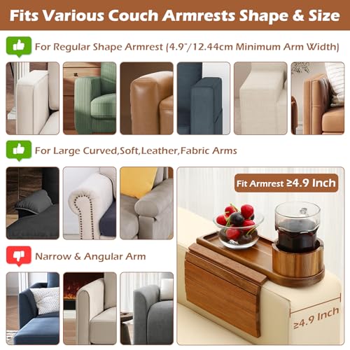 Couch Cup Holder Tray, 15.75" Acacia Wood Couch Armrest Table, 3 in 1 Foldable Sofa Clip on Side Table with 360° Phone Stand, Armrest Tray for Coffee Snacks - color: Acacia Wood