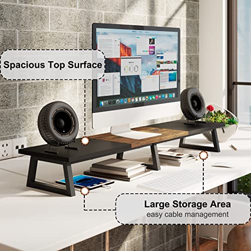 TEAMIX 42 inch Large Dual Monitor Riser, Desk Organizer Stand for TV Laptop | Extra Long Computer Stand Shelf, Wood & Steel TV Riser, Holds 300lbs, Keyboard & PS5 Storage Below, For Home Office & Gaming - color: Black+Brown