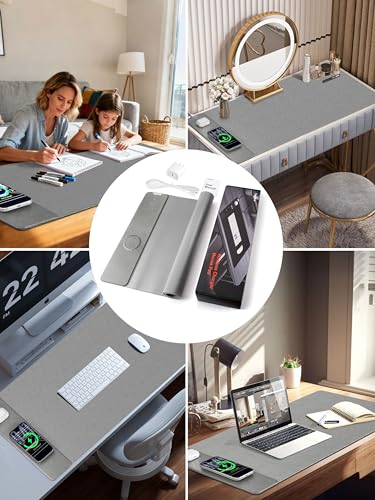 TopMade Mouse Pad with 15W Wireless Charging, XXL Large Leather Desk Mat, Waterproof Gaming Mousepad Home Office Desk Pad Protector, Gray (Includes 20W PD Power Adapter & 6.56ft Woven Cable) - color: Gray With Adapter