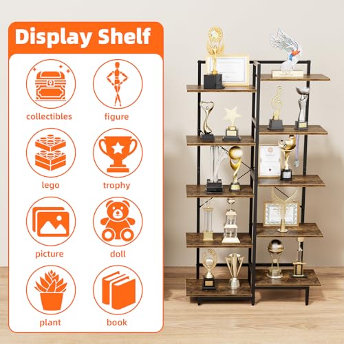 Aquzee 5 Tier Bookshelf, Tall Bookcase Shelf Storage Organizer with Wood and Metal Frame, Free Standing Storage Shelving for Bedroom, Living Room and Home Office, Rustic Brown