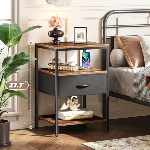 SUPERJARE Night Stand with Charger Station, 27.7 Inch Tall Nightstand with Adjustable Fabric Drawer, Bed Side Table, Fabric Drawer Dresser for Bedroom, Living Room, Rustic Brown and Black - color: Rustic Brown and Black, size: L (15.7"D x 17.7"W x 27.7"H)