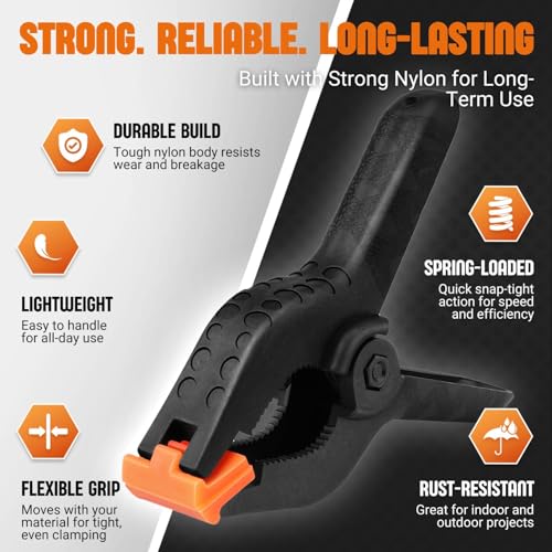 Flexzion Spring Clamps 4 Inch - Heavy Duty Plastic Spring Clips for Backdrop Stand, 6 Pack Backdrop Clips Clamps for Crafts, Balloon Arch Decorations, Woodworking, Pool Cover, Photography DIY (Black)