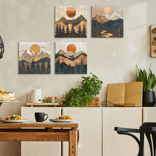 Boho Mountain Wall Art Mid Century Modern Decor Sunset Forest Landscape Canvas Prints Abstract Pine Trees Wall Paintings Nature Mountains Scenery Artwork Bedroom Living Room Home Decor 12x12" 4Pcs - color: Boho Mount, size: 12 x 12 in