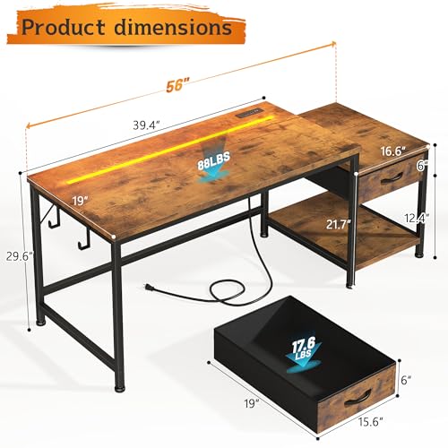 DurayLoly 56" Computer Desk with Printer Shelf & Power Outlets – Reversible Gaming Desk with LED Lights, Drawer & Headphone Hook for Teen Bedroom, Dorm, Home Office, Rustic Brown - color: Brown, size: 56inch