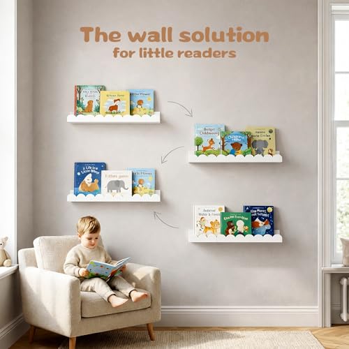 White Scalloped Nursery Shelves for Wall, 4-Pack 19.7 Inch Floating Book Shelves for Kids Room, Wall Mounted Bookshelves for Bedroom, Playroom, Book and Decor Display - color: White, size: 4 Pack - 19.7 in x 4.7 in