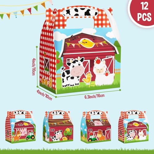 WERNNSAI 12 Pcs Farm Party Favor Boxes Gift Box for Barnyard Party Decor | Red Barnyard Tractor Horse Cow Theme, Double-sided Design Styles, Vibrant Printing Quality, Sturdy and Easy to Assemble - color: Farm Animal