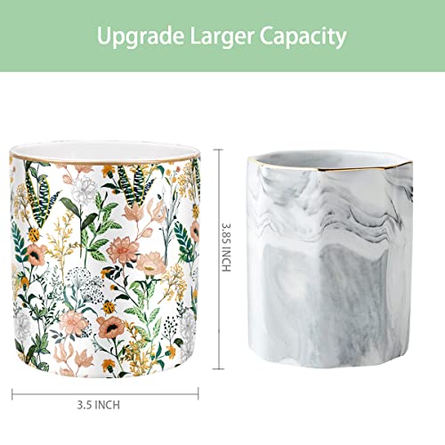 Large Capacity Colored Pen Holder for Desk, Ceramic Pencil Holder Pen Cup Marker Holder Makeup Brush Holders, Desk Accessories & Workspace Organizers for Home, Office, White Flower - color: White Flower 02