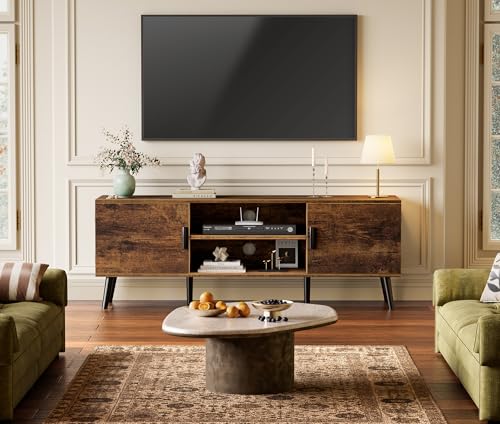 SUPERJARE TV Stand for 55 Inch TV, Entertainment Center with Adjustable Shelf, 2 Cabinets, TV Console Table, Media Console, Solid Wood Feet, Cord Holes, for Living Room, Bedroom, Rustic Brown - color: Rustic Brown, size: 53.9"