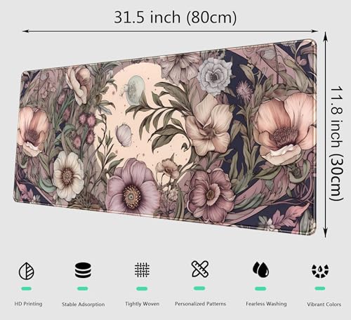 Pastel Purple Floral XL Large Gaming Mouse Pad Pink Flower Forest Desk Mat with Stitched Edges, Non-Slip Rubber Base Mousepad Laptop Computer Keyboard and Mouse Mat 31.5x11.8 in - color: Pastel Purple Floral, size: 31.5" x 11.8"