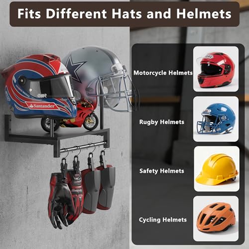 Automotive Helmet Holder Wall Mount, Solid Wood and Metal Helmet Rack with 4 Glove Clips, Motorcycle Accessories Gear Storage Organizer for Entryway or Garage - color: Vintage Black