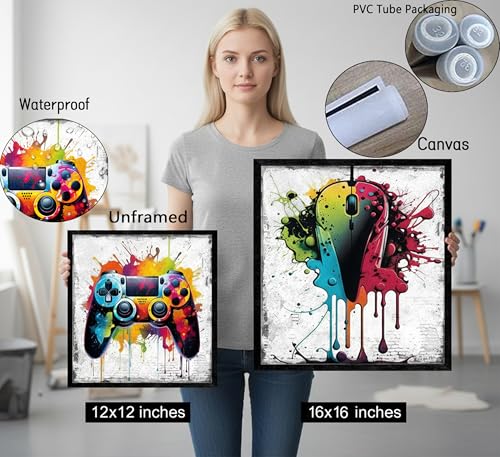 4Pcs Game Canvas Wall Art Graffiti Gamepad Headphones Poster Prints Retro Video Gaming Room Pictures Wall Decor for Gamer Boys Bedroom Kids Dorm Playroom Teen Men Cool Home Decoration 16x16in Unframed - color: Game Poster, size: 16"l X 16"w