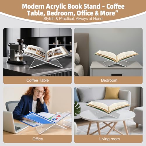 Clear Acrylic Book Stand – Large 12.6 x 6.7 x 5 in Book Holder for Cookbooks, Bibles, Art & Coffee Table Display | 2-Piece Cross Frame Design, Sturdy 0.2in Transparent Acrylic