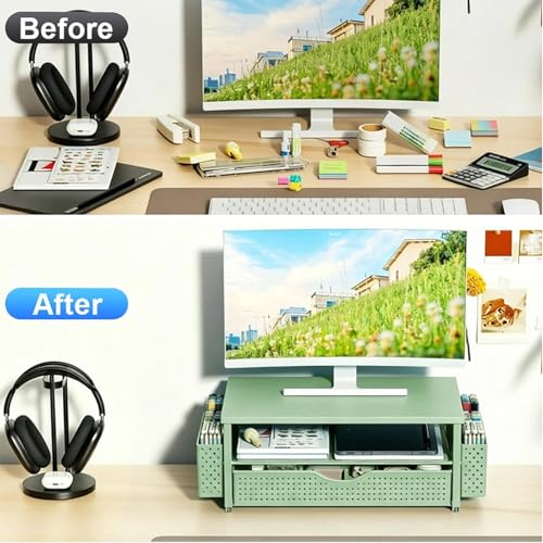 Spacrea Desk Organizer and Accessories, Computer Monitor Stand Riser with Drawer and 2 Pen Holders, Office Desk Accessories & Workspace Organizers for Office Supplies (Sage Green) - color: Sage Green