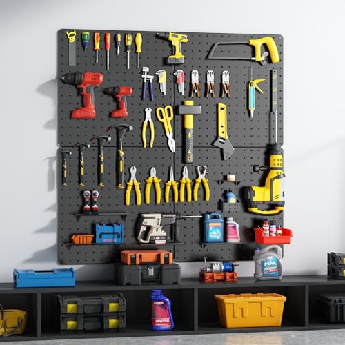 Peg Board,Total 32” x 32”, 68PCS Heavy Duty Metal Pegboard with Hooks, 4 Pack Black Peg Board Panels, 50lbs Load Capacity Each, Pegboard Wall Organizer for Garage, Workshop, Craft Rooms - color: Black, size: 16“×16”-4PCS(with Hooks)