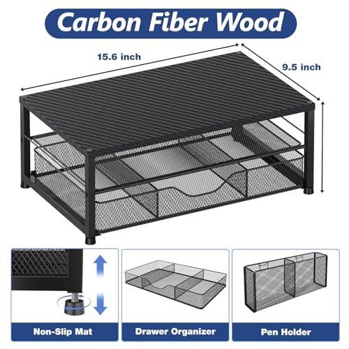 OPNICE Desk Organizer and Accessories, 2-Tier Computer Monitor Stand with Drawer and 2 Pen Holders, Laptop Stand, Office Desk Accessories for Office Supplies, Carbon Fiber - color: Carbon Fiber 1-Pack, size: With Drawer and 2 Pen Holders