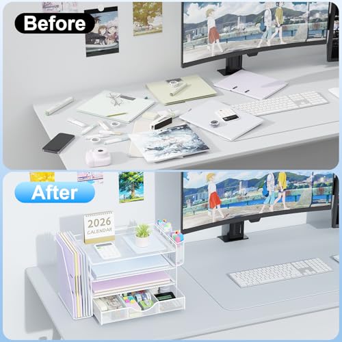 gianotter Desk Organizers and Accessories with File Holder, 4-Tier Desk Accessories & Workspace Organizers with Drawer and 2 Pen Holder, Paper Organizer for Office Supplies (White) - color: White