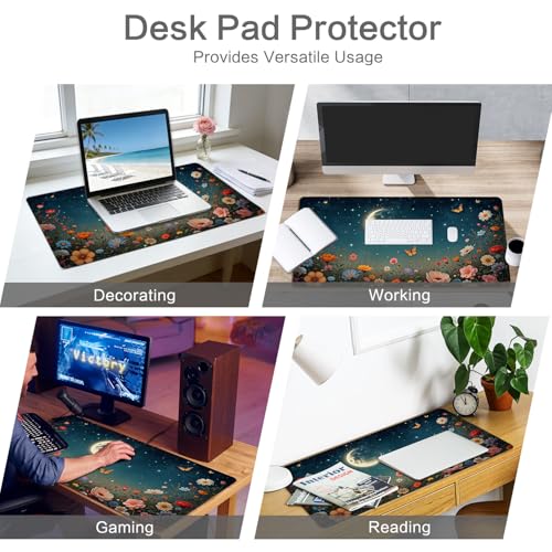 Vimorco Waterproof Desk Pad,XXL Large Mouse Extended Gaming Mousepad with Anti-Slip Rubber Base,Computer Laptop Keyboard Mouse Mat for Women Girls Work,Game,Office,31.5 x 15.7 inch,Black Moon Flowers - color: Black Moon Flowers