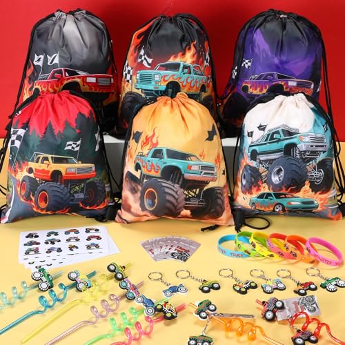 LemonRoad 73 Pcs Monster Truck Party Favors Set Birthday Supplies Includes Drawstring Bags Backpack Keychains Bracelets Stickers Straws Tags for Birthday Party Favors Rewards Gifts - style: Monster Truck