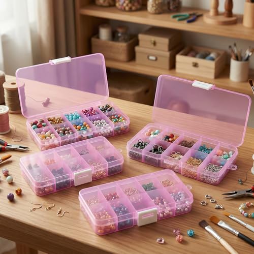 4-Pack Clear Pink Plastic Storage Boxes, 10-Compartment Durable Small Organizer Containers with Latching Closure, Ideal for Jewelry, Beads, Fishing Tackle, and Electronic Components - color: Pink