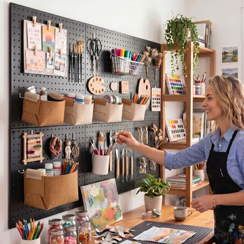 Spampur Peg Board, 6 Pack Metal Pegboard Wall Organizer with Accessories | Black Pegboard Panels with 50 Pcs Hooks and Baskets, Wall Organizer for Office, Craft Room Organization, Garage, Sewing Room - color: Black, size: 16x12''- 6 Pcs