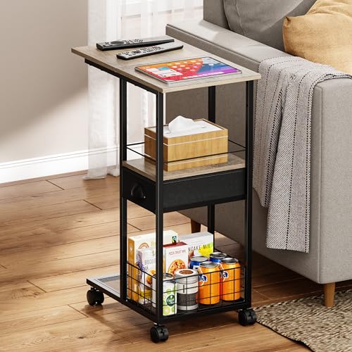 Rolling C Shaped Side Table with Storage Drawer, Ivory Portable Desk on Wheels, Bedside Table for Sofa Couch & Bed, Small Overbed Laptop Desk, Mobile Coffee End Table for Bedroom Living Room Dorm - color: Ivory, size: Large (With Drawer & Wheels)