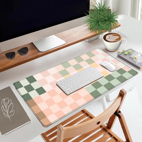 Checkered Desk Mat Cute Pink Pastel XXL Large Mouse Pad Aesthetic Boho Desk Pad with Stitched Edges, Office Decor Keyboard Pad Mouse Mat for Computer - color: A6- Checkered