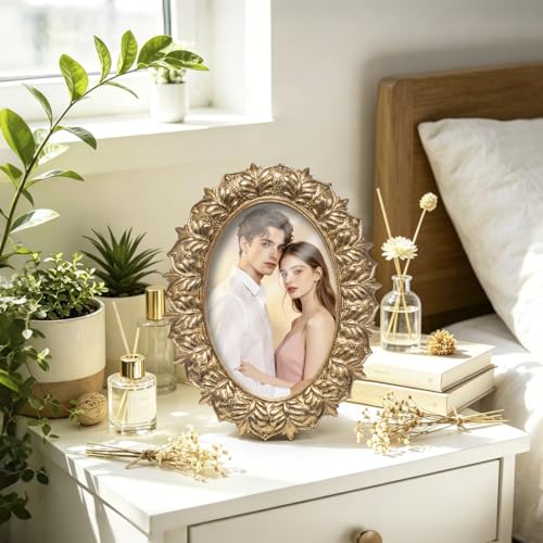 ZAWUU Gold Vintage Oval Picture Frame, Mini 4x6 Ornate Baroque Cherub Angel Photo Frame for Tabletop Decor, Antique Carved Frame with Shatterproof Acrylic Cover for Vanity, Desk - color: Color1