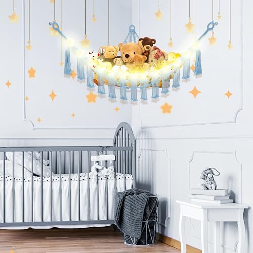 CERETIA Stuffed Animal Hammock with LED Light, Large Stuffed Animals Storage Corner Plushie Net for Kids Room Decor, Baby Blue - color: Baby Blue, size: Large-(Package of 1)
