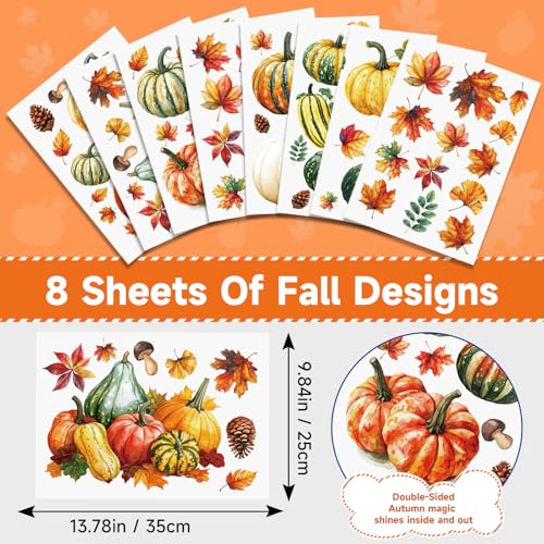 Fall Window Clings Decorations Pumpkin Maple Leaf Autumn Thanksgiving Decor | 8 Sheets Holiday Stickers for Glass Windows, Autumn Harvest Decals for Home Office School Classroom Farm, Glass Doors Decor - color: Fall