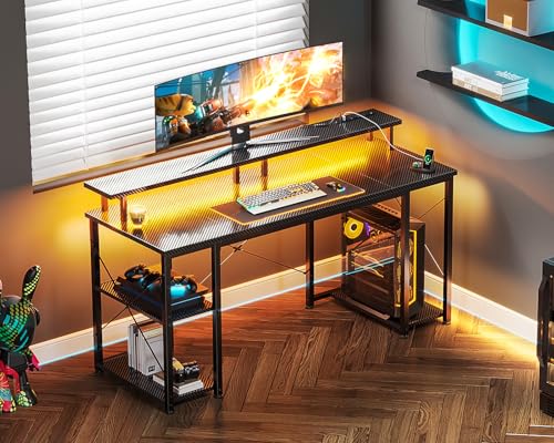 ODK 55 inch Computer Desk with Power Outlets & LED Lights, Gaming Desk with Monitor Stand & Storage Sheves, Home Office Desk, Carbon Fiber Black - color: Carbon Fiber Black, size: 55 inches