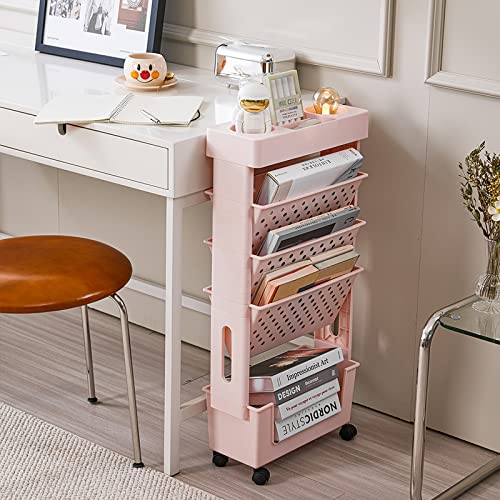 Pink Rolling Office Paper Organizer, Mobile Book Cart Document Folder File Storage with Pen Holder, Slim Rolling Storage Cart Movable Bookshelf for Office, Dorm, Classroom, Nursery - color: Pink