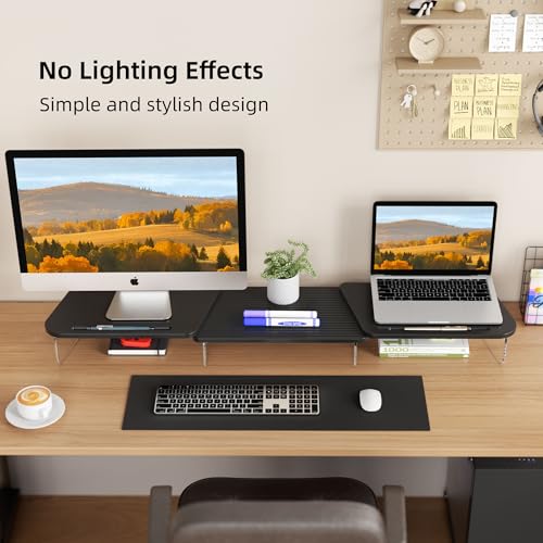 AFOOYO LED Dual Monitor Stand Riser for 2 Monitors,Office Desktop Wooden Stand Adjustable Length and Angle 3 Shelf,Extra Long Multifunctional Stand up to 39.3" for Computer,Laptop,TV,Black - color: Black, size: MIDDLE SLOT