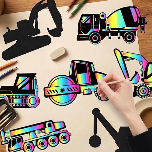 LUUFILx 80 Pcs Construction Scratch Cards Construction Birthday Decoration Colorful Rainbow Crafts Vehicle Scratch Paper Art with Wooden Stylus for Birthday Party Classroom DIY Activities - style: Vehicle