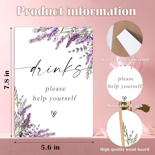 Drinks Please Help Yourself Sign, Lavender Drink Signs for Party, Bridal Shower Decorations, Wedding Reception Decor, Floral Wooden Sign with Stand for Wedding Reception And Bridal Party Decor, 25 - color: Drink Signs25