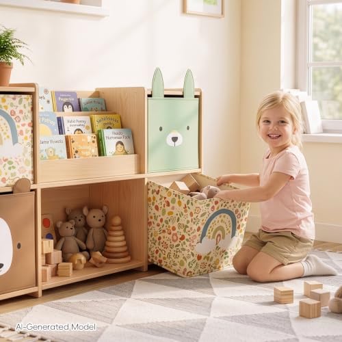 OOOK 4 Pack Foldable Fabric Storage Bins, 11.4" x 10.6" x 11.8" Cute Storage Box, Closet Organizers for Bedroom, Nursery, Shelves & Cube Storage Shelving Units (Bear, Rabbit, Rainbow Pattern)