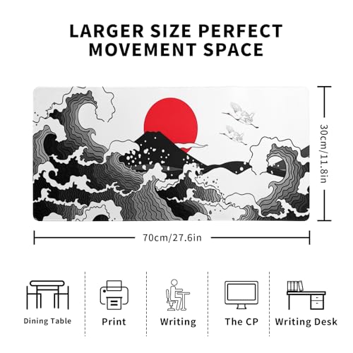 Japanese Red and Black Wave Gaming Mouse Pad Extended Large Mouse Mat Desk Pad Sea Texture Non-Slip Rubber Base Wave Mousepad Stitched Edges Keyboard Desk Pad for Office Home Game 27.6x11.8 Inch - color: Japanese Red and Black Wave