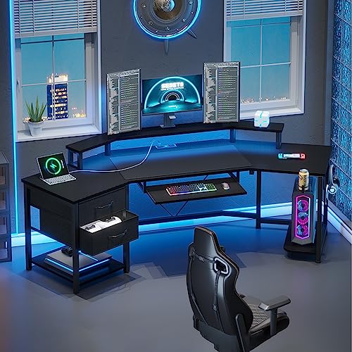 SEDETA 79" Gaming Desk, Computer Desk with 2 Fabric Drawers & LED Light, L Shaped Gaming Desk with Storage Shelf for Home Office, Carbon Fiber Black - color: Carbon Fiber Black