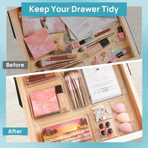 Vtopmart 15 PCS Clear Plastic Drawer Organizers Set, 4-Size Versatile Bathroom and Vanity Organizer Trays, Non-Slip Storage Containers for Makeup, Jewelries, Bedroom,Kitchen Utensils and Office - color: Clear