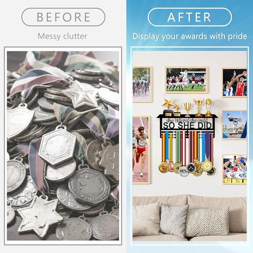 Resama Medal Hanger Holder Display Wall Rack Frame Shelf-Medal Hanger Awards Ribbon Soccer,Gymnastics,Holder Display Rack for 60 Medals - color: So She Did-T