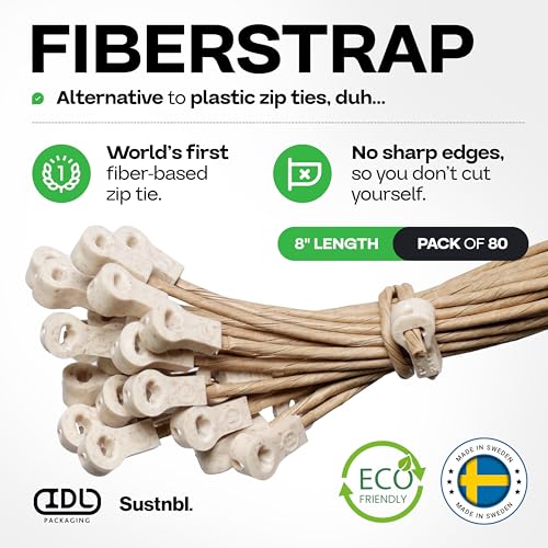Fiber-Based Eco Zip Ties 8" (80 Pack) - 44 lbs Strong Eco-Friendly Tie Wraps - UV & Temperature Resistant FibreStrap for Agriculture, Manufacturing & Cable Management - Universal Use by IDL Packaging - size: 8", 80-Pack