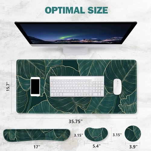ToLuLu Extended Gaming Mouse Pad, Memory Foam Ergonomic Keyboard Mouse Wrist Rest Support Set, Large Desk Mat with Stitched Edges, Non-Slip Base Mousepad for Home Office Game, Green Golden Leaves - color: Green Golden Leaves