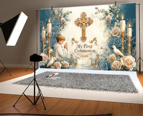 7X5FT God Bless Backdrop First Holy Communion Party Decoration God Bless Baptism Photo Booth Props Christening Banner for Newborn Baby Shower Party Decor Background - color: Blue, size: 7X5FT