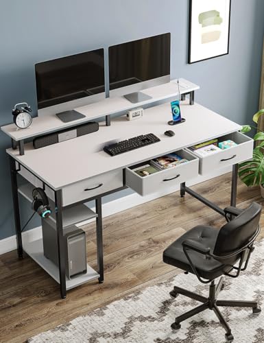 Rolanstar Computer Desk with Power Outlets & LED Light, 55 inch Home Office Desk with Drawers and Storage Shelves, Writing Desk with Monitor Stand, Modern Work Study Desk for Home Office, White - size: 55 inch