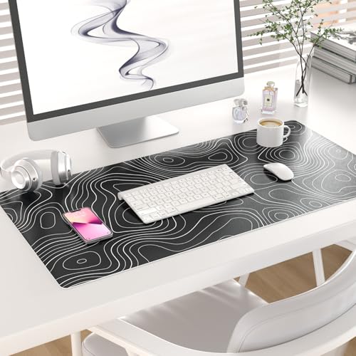 Colorful Star Large Mouse Pad, Black Topographic Desk Mat Office Supplies, Waterproof Faux Leather Big Gaming Mousepad, Black Topography Map Desk Pad Home Office Décor Accessories 31.5" x 15.7" - color: Black Topographic, size: 31.5L x 15.7W inches