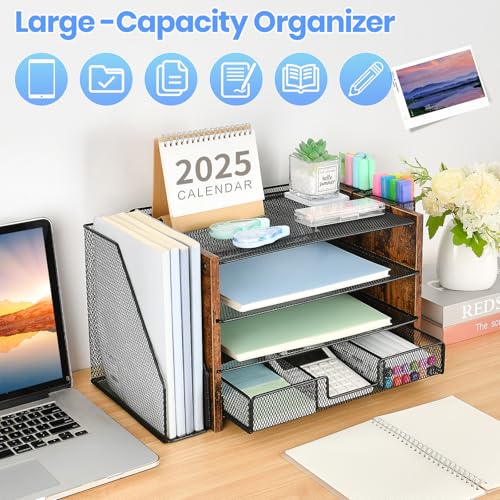 OPNICE Desk Organizer, 4-Tier Desktop File Organizer with Drawer and 2 Pen Holders, Office Desk Accessories, File Sorters, Workspace Organizers for Office Supplies(Brown Wood) - color: Brown Wood, size: 4-tier