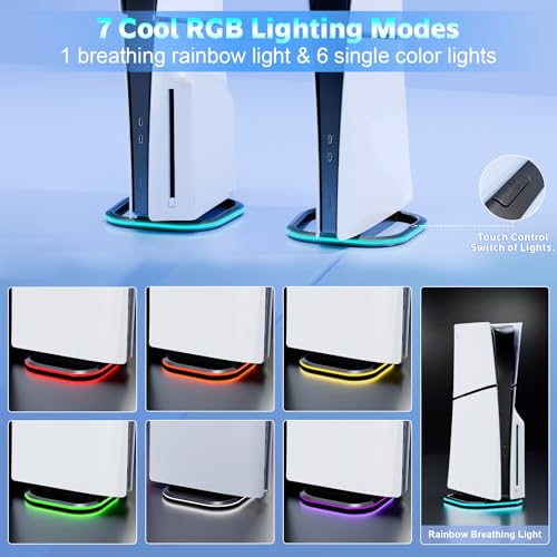 HONCAM Vertical Stand for PS5/PS5 Slim/PlayStation 5 Pro Consoles, PlayStation 5 Vertical Holder with 7 RGB Lights and a Screw, Black - color: Black